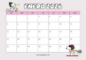 Calendario Mensual 2026 Snoopy Gris