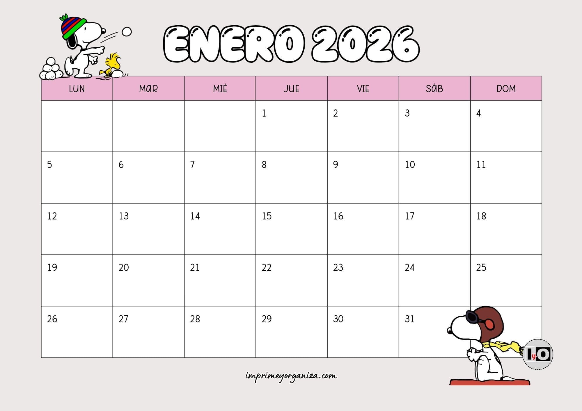 Calendario Mensual 2026 Snoopy Gris