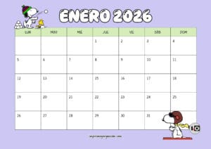 Calendario Mensual 2026 Snoopy Lila