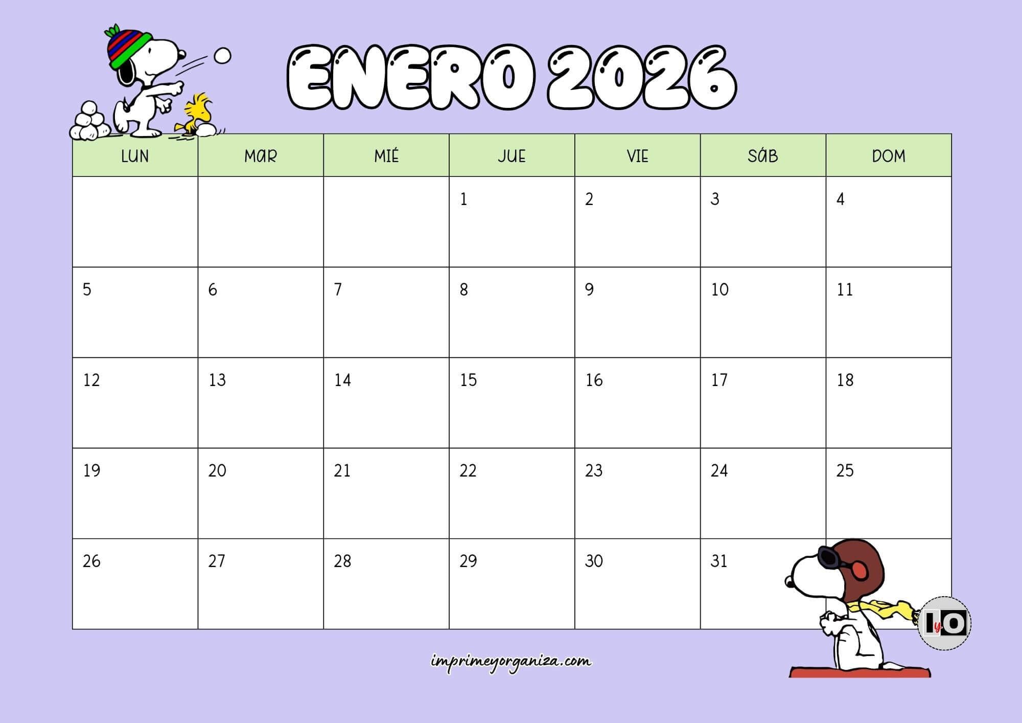 Calendario Mensual 2026 Snoopy Lila