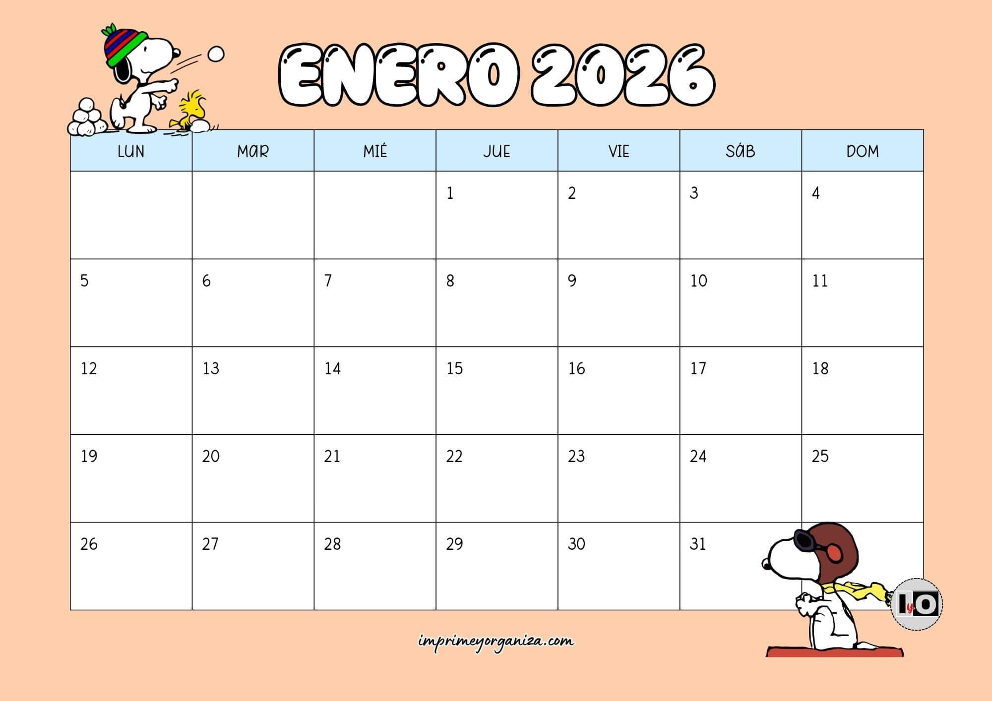 Calendario Mensual 2026 Snoopy Naranja