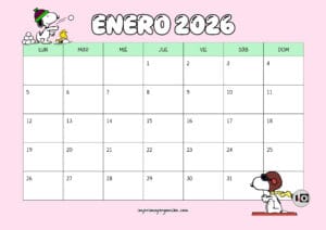 Calendario Mensual 2026 Snoopy Rosa