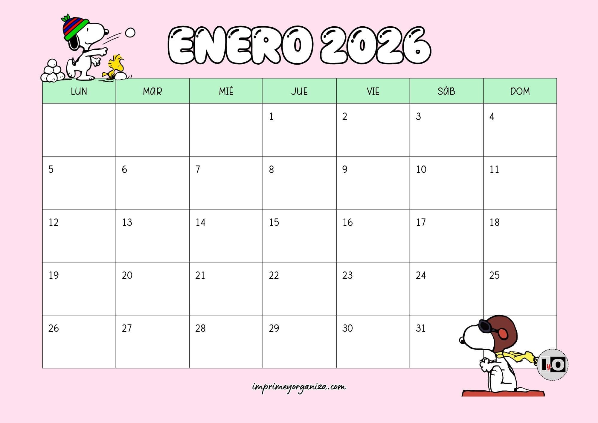 Calendario Mensual 2026 Snoopy Rosa