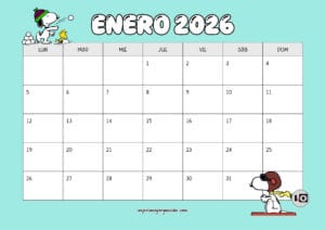 Calendario Mensual 2026 Snoopy Turquesa