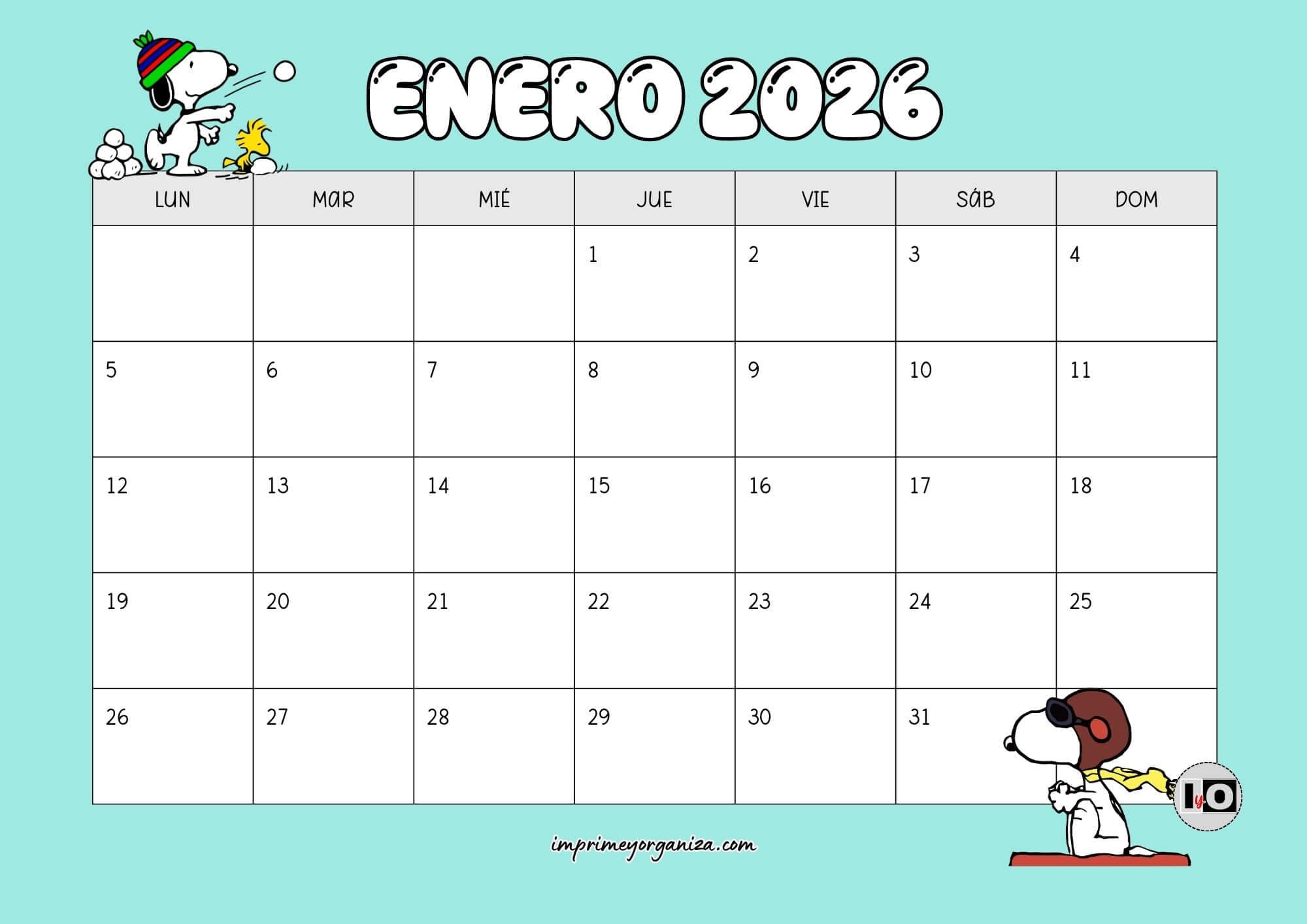 Calendario Mensual 2026 Snoopy Turquesa