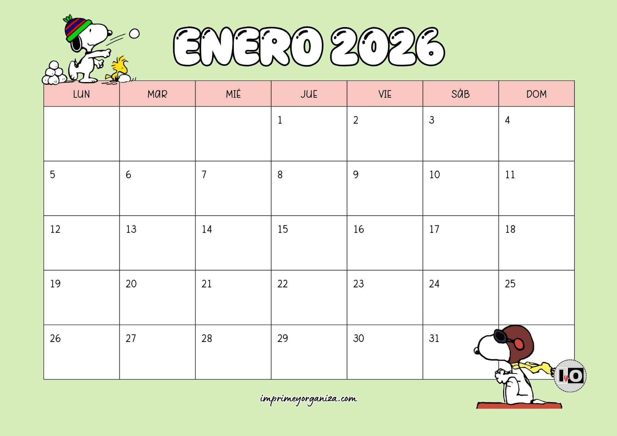 Calendario Mensual 2026 Snoopy Verde