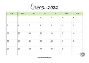 Calendario Mensual 2026 Verde