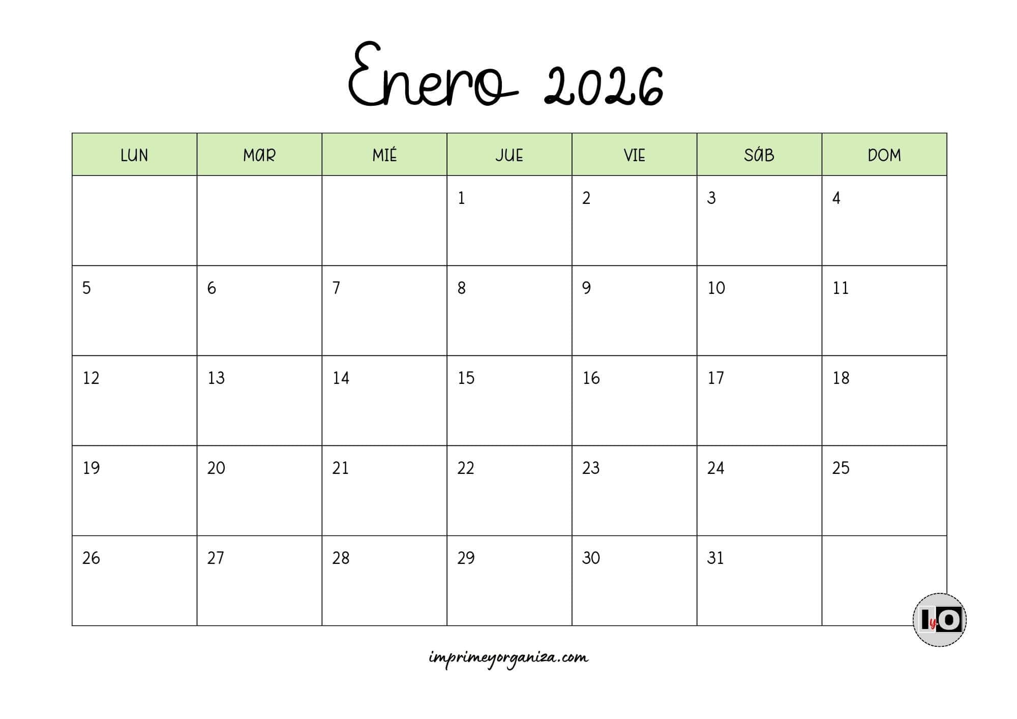 Calendario Mensual 2026 Verde