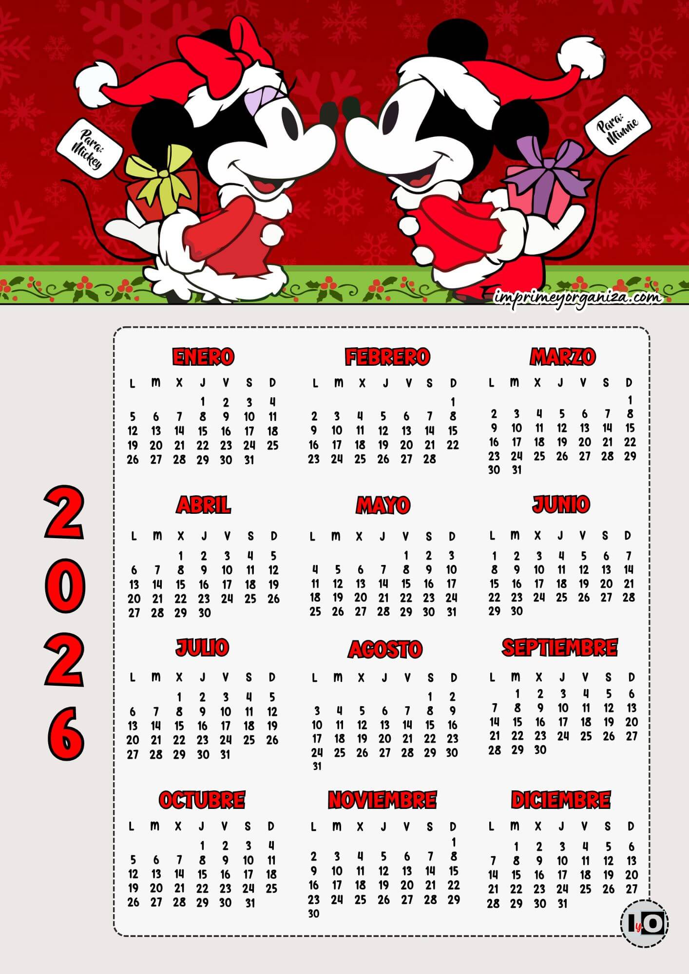 Calendario Navideño 2026 Mickey y Minnie