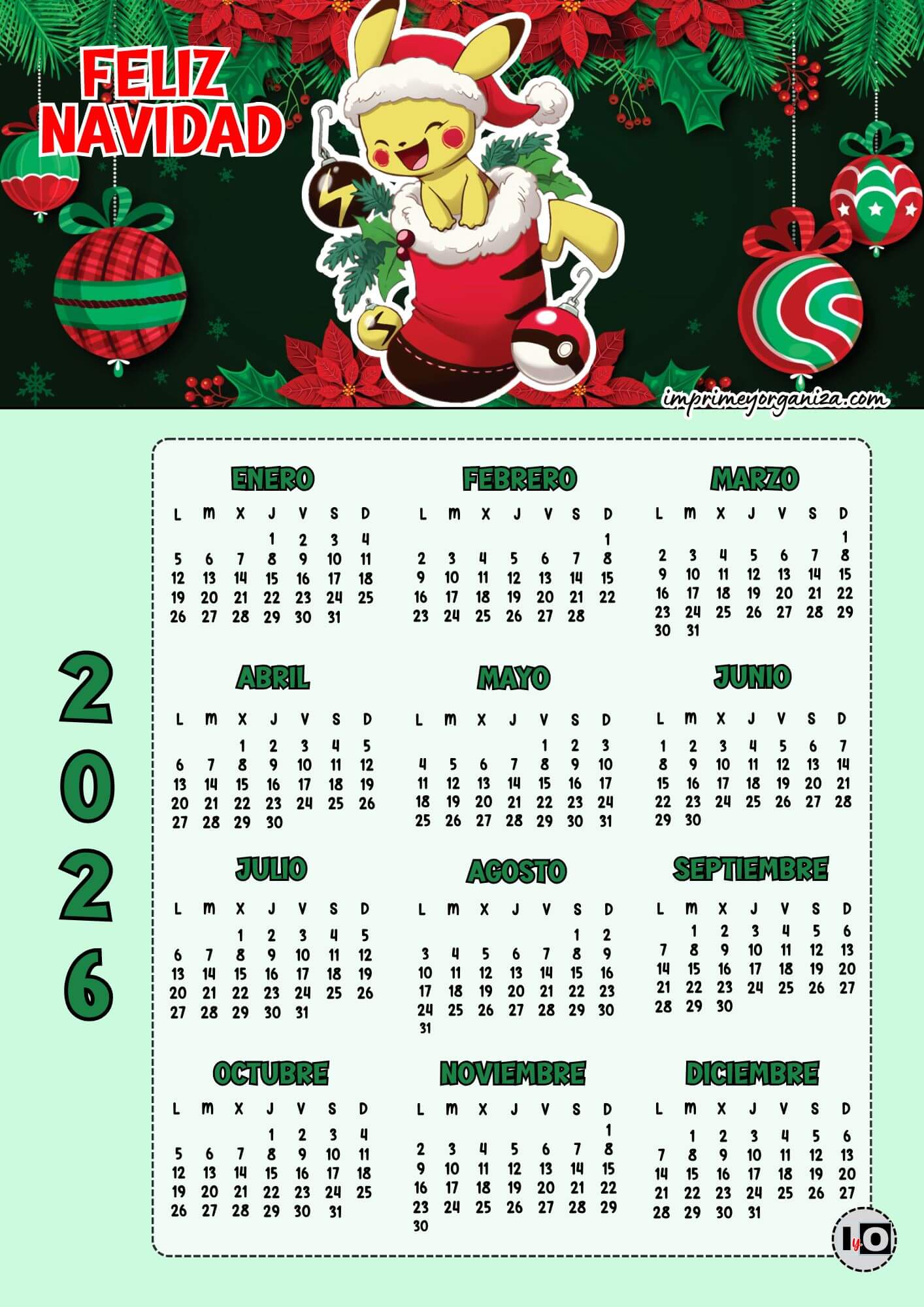Calendario Navideño 2026 Pikachu
