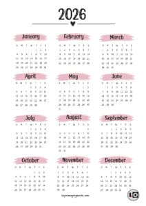Calendario 2026 en inglés Corazón