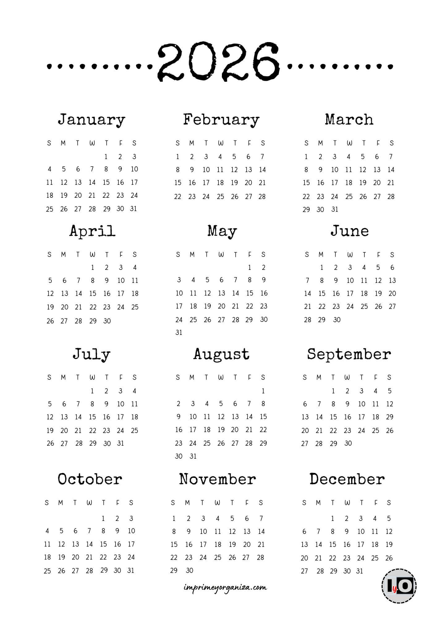 Calendario 2026 en inglés Dot line