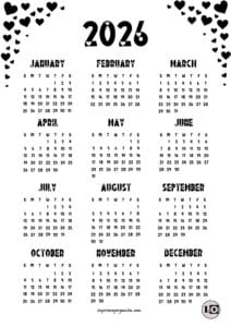 Calendario 2026 en inglés Esquinas Corazones