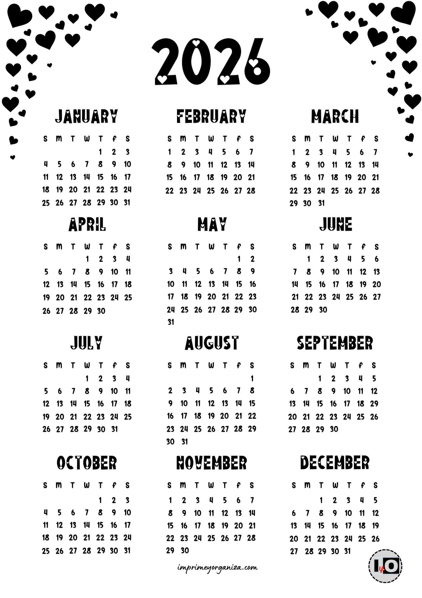 Calendario 2026 en inglés Esquinas Corazones