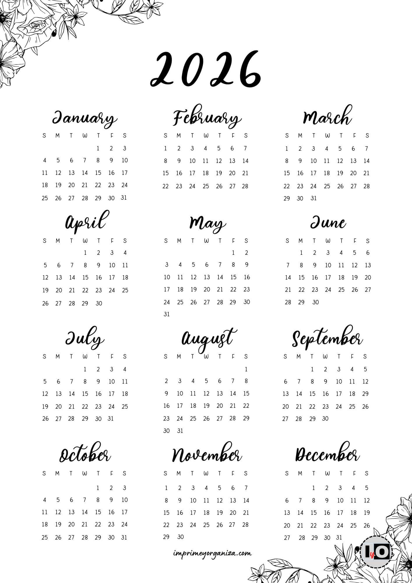 Calendario 2026 en inglés Esquinas Florales