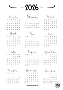 Calendario 2026 en inglés Manuscrita
