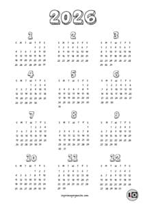 Calendario 2026 en inglés Relieve