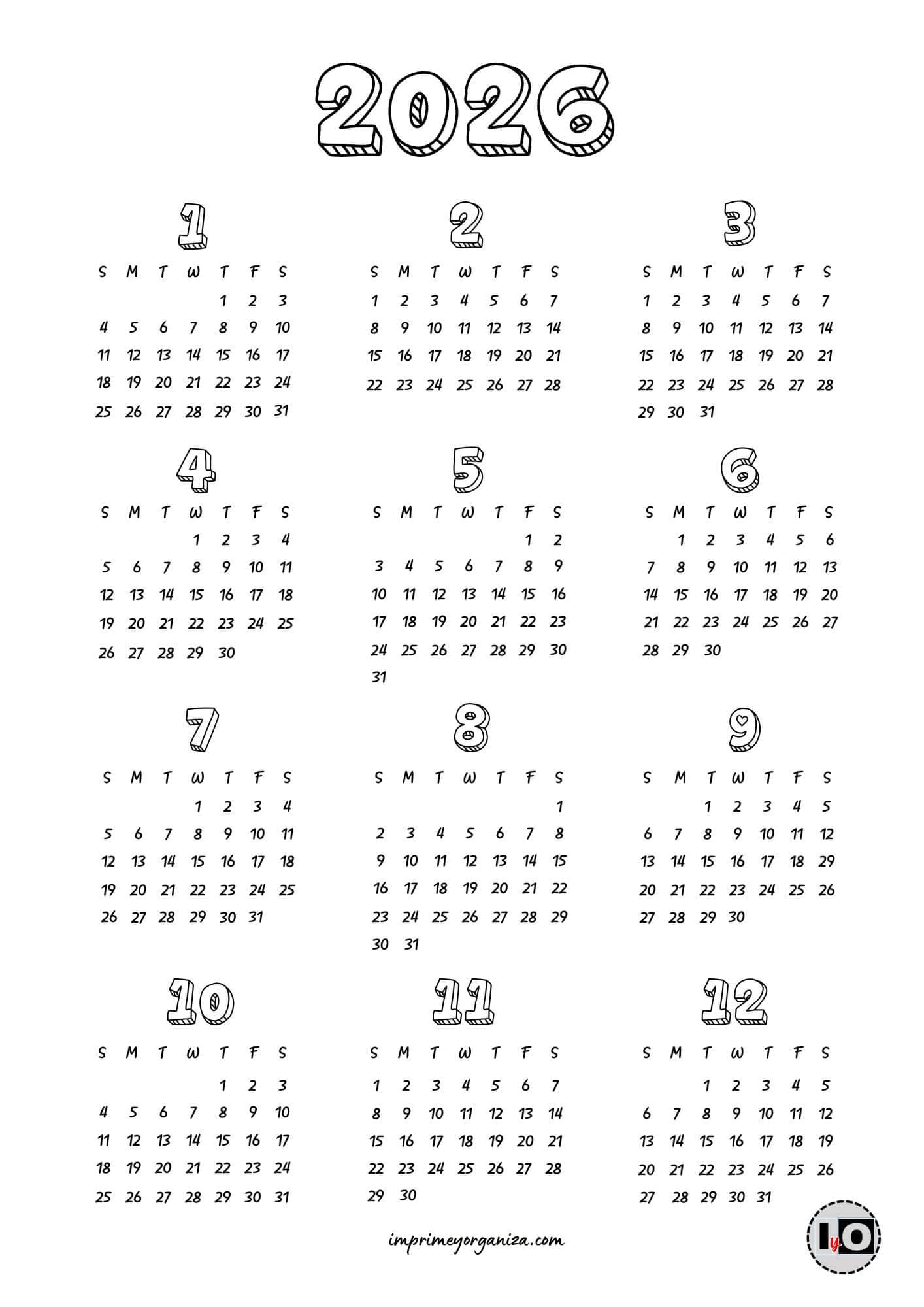 Calendario 2026 en inglés Relieve