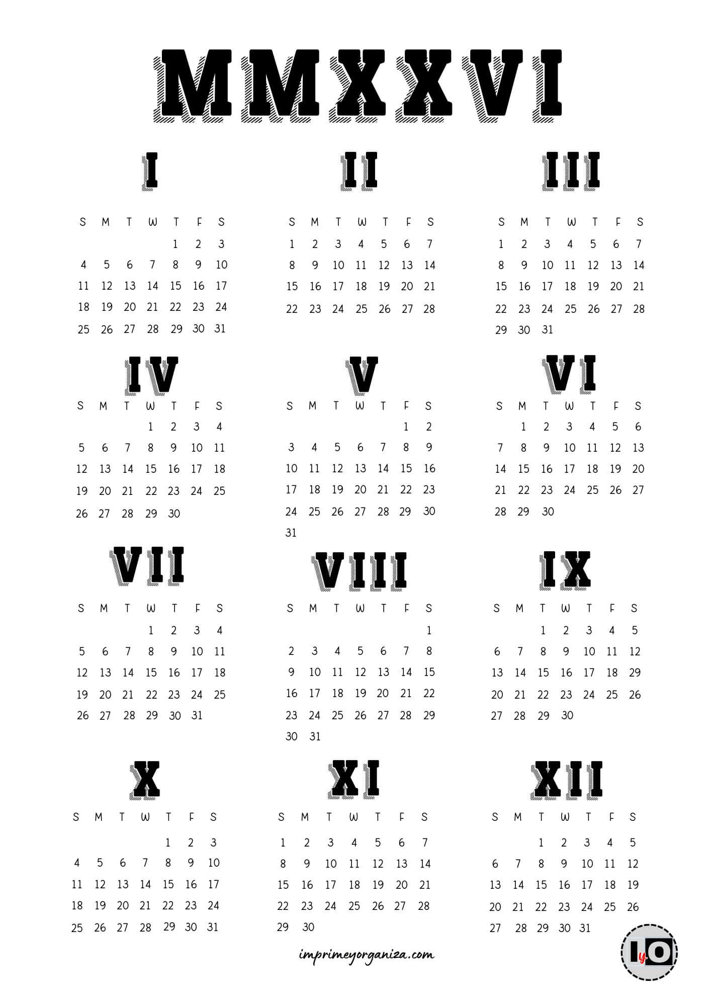 Calendario 2026 en inglés Romanos