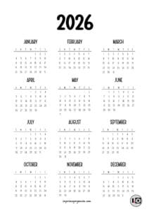 Calendario 2026 en inglés Sencillo