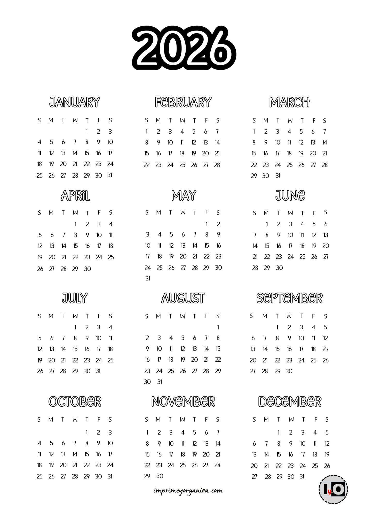 Calendario 2026 en inglés Simple