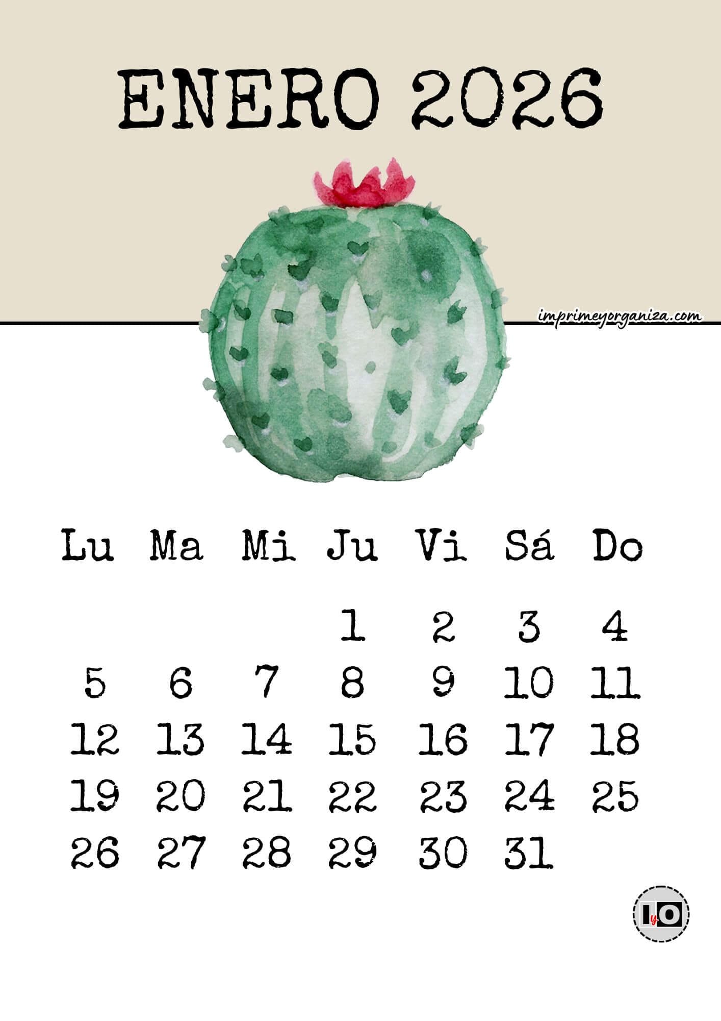 Calendario Mensual 2026 Cactus
