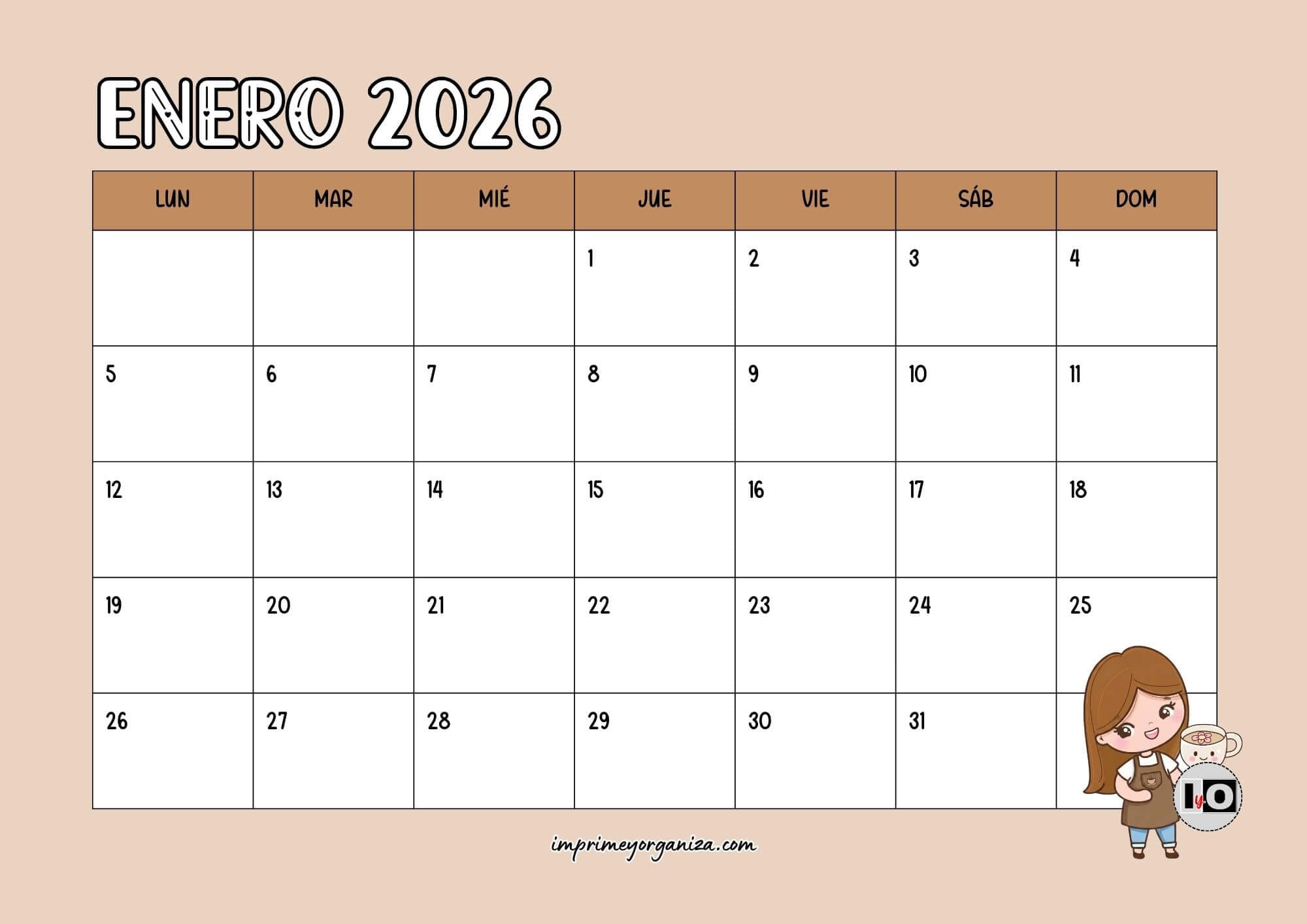 Calendario Mensual 2026 Coffe Shop