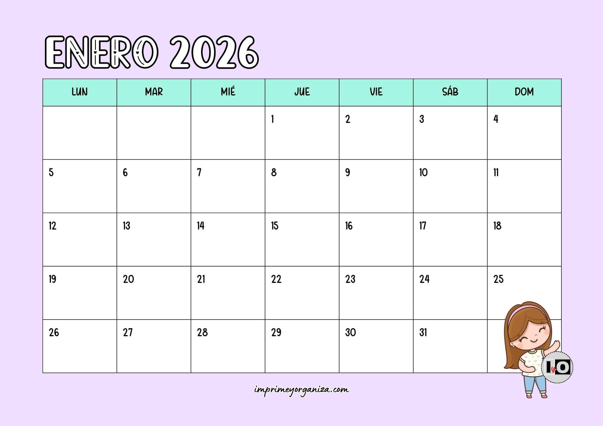 Calendario Mensual 2026 Craft Girl