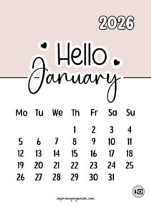 Calendario Mensual 2026 Hello Beige