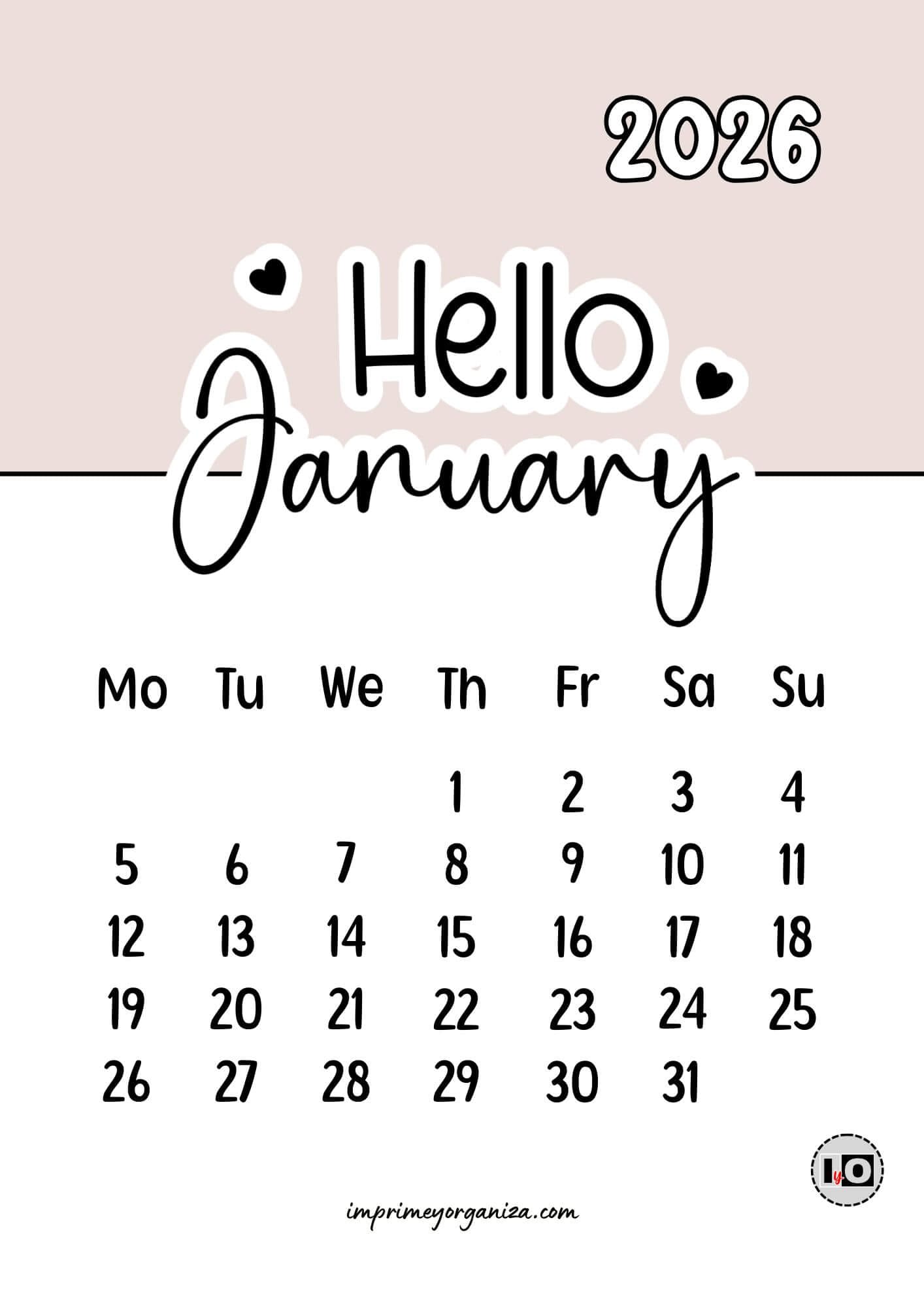 Calendario Mensual 2026 Hello Beige