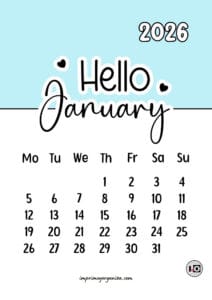 Calendario Mensual 2026 Hello Blue
