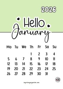 Calendario Mensual 2026 Hello Green