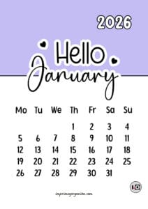 Calendario Mensual 2026 Hello Lilac