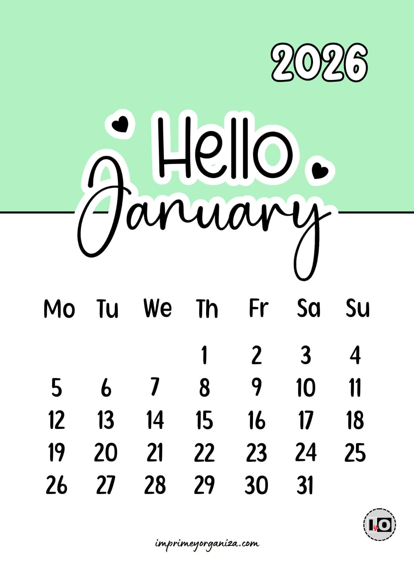 Calendario Mensual 2026 Hello Mint