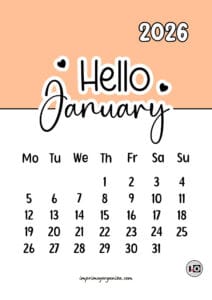 Calendario Mensual 2026 Hello Orange
