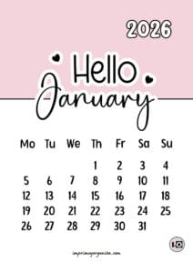 Calendario Mensual 2026 Hello Pink