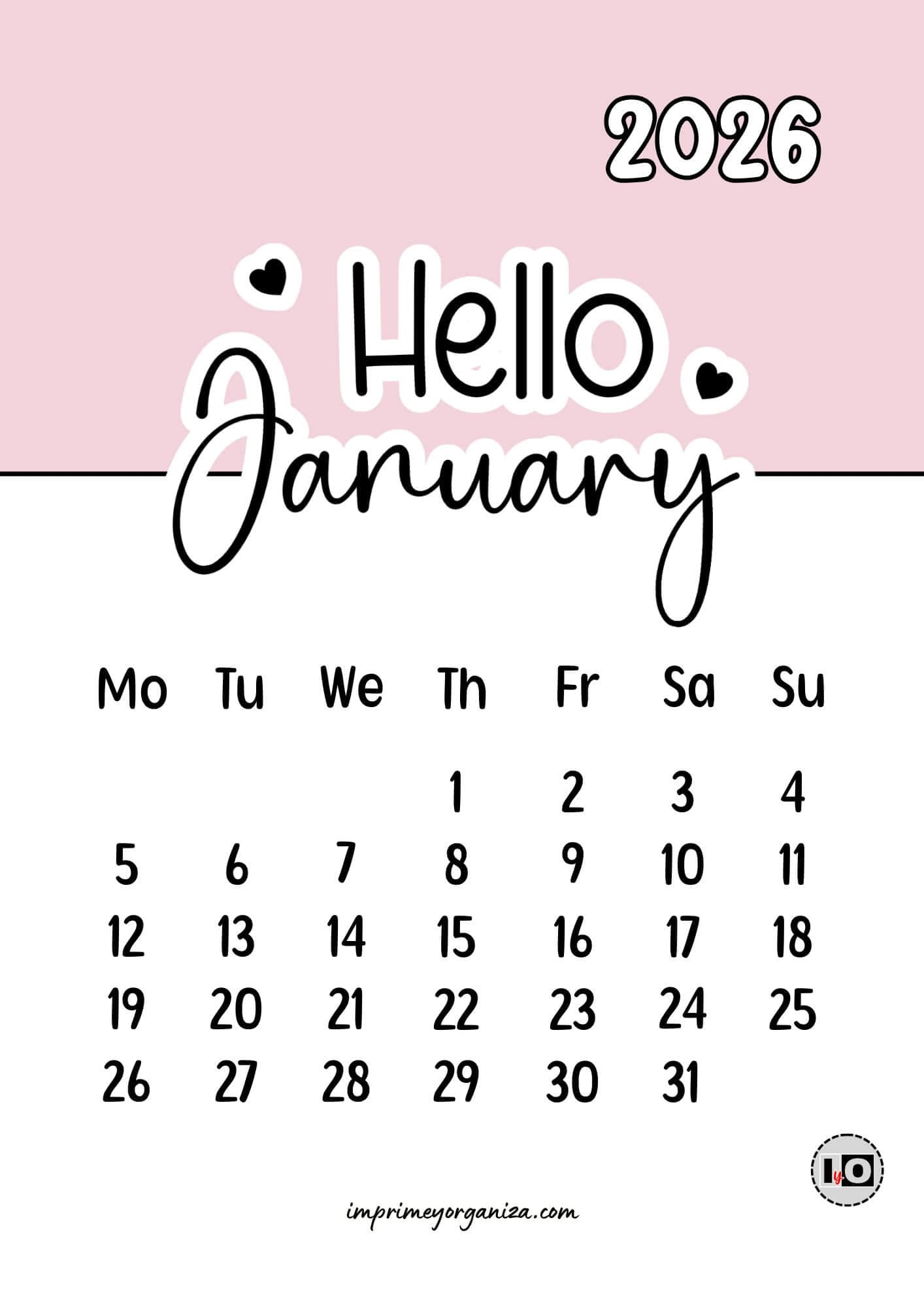 Calendario Mensual 2026 Hello Pink