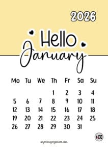 Calendario Mensual 2026 Hello Yellow