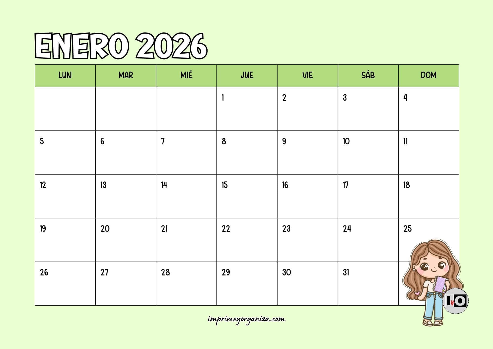 Calendario Mensual 2026 Maestros