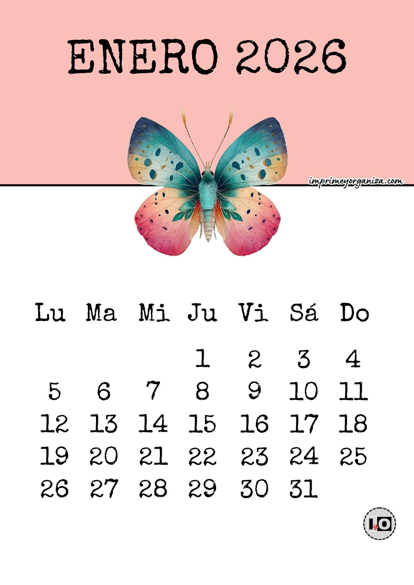 Calendario Mensual 2026 Mariposas