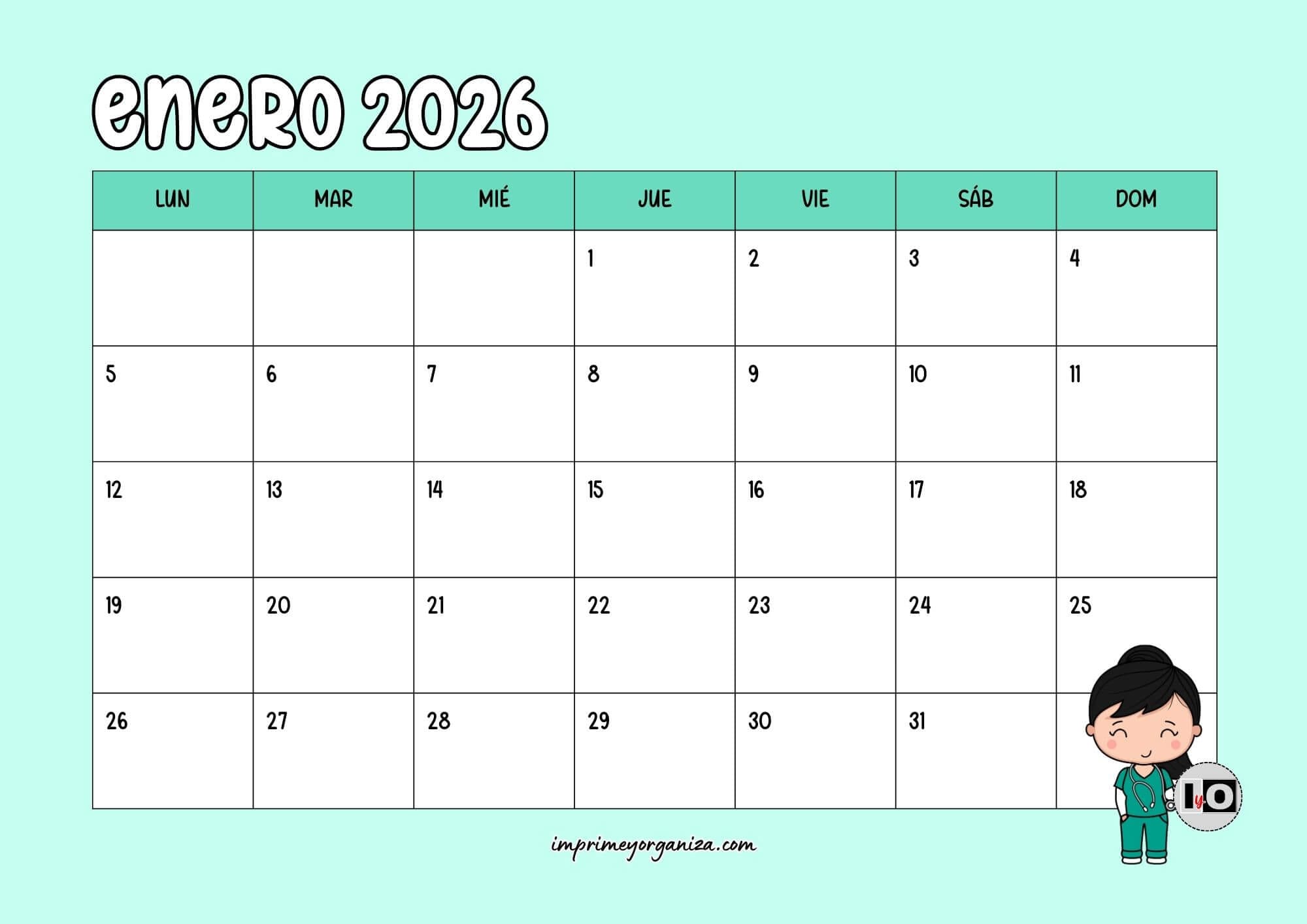 Calendario Mensual 2026 Medicina