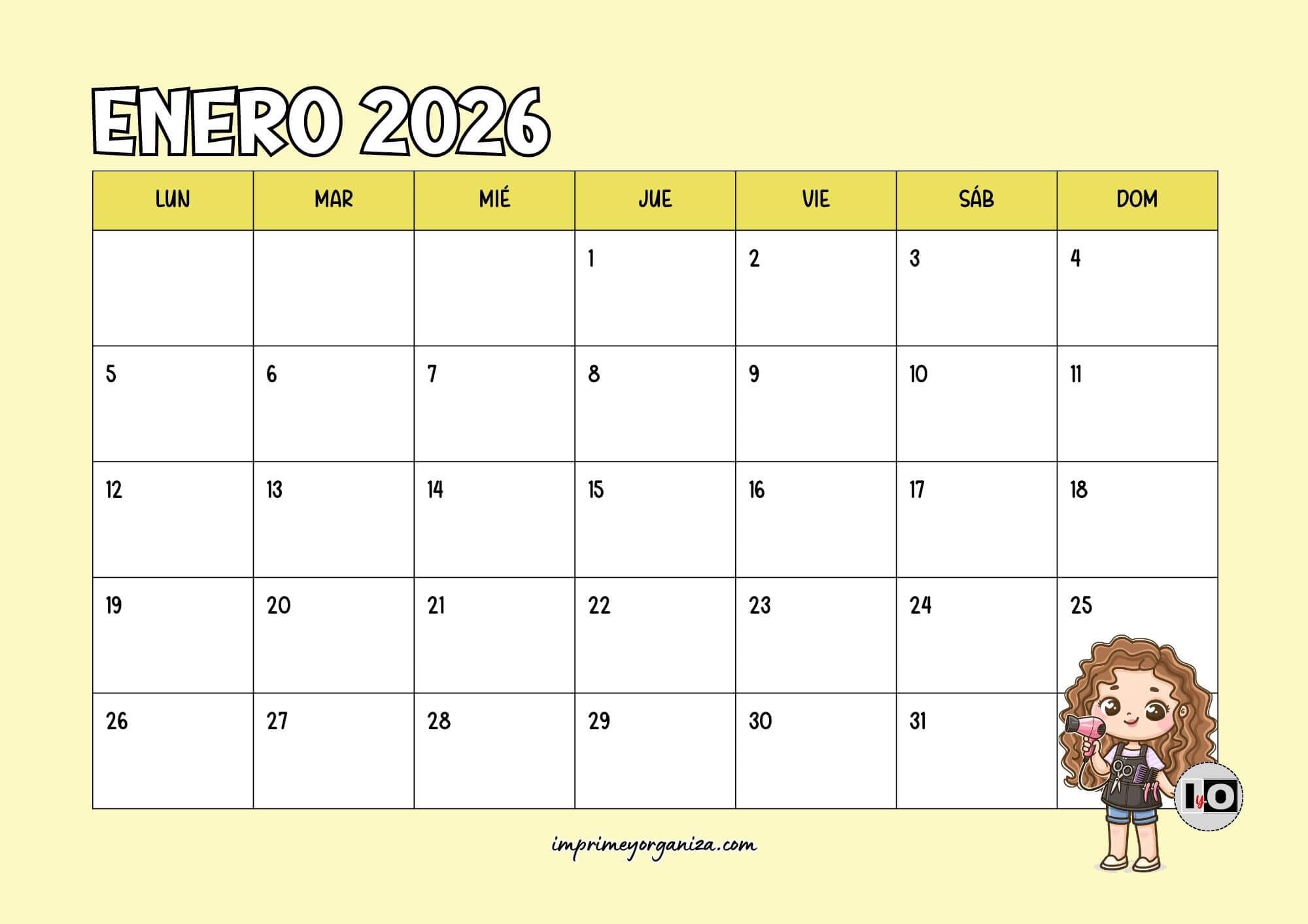 Calendario Mensual 2026 Peluquería