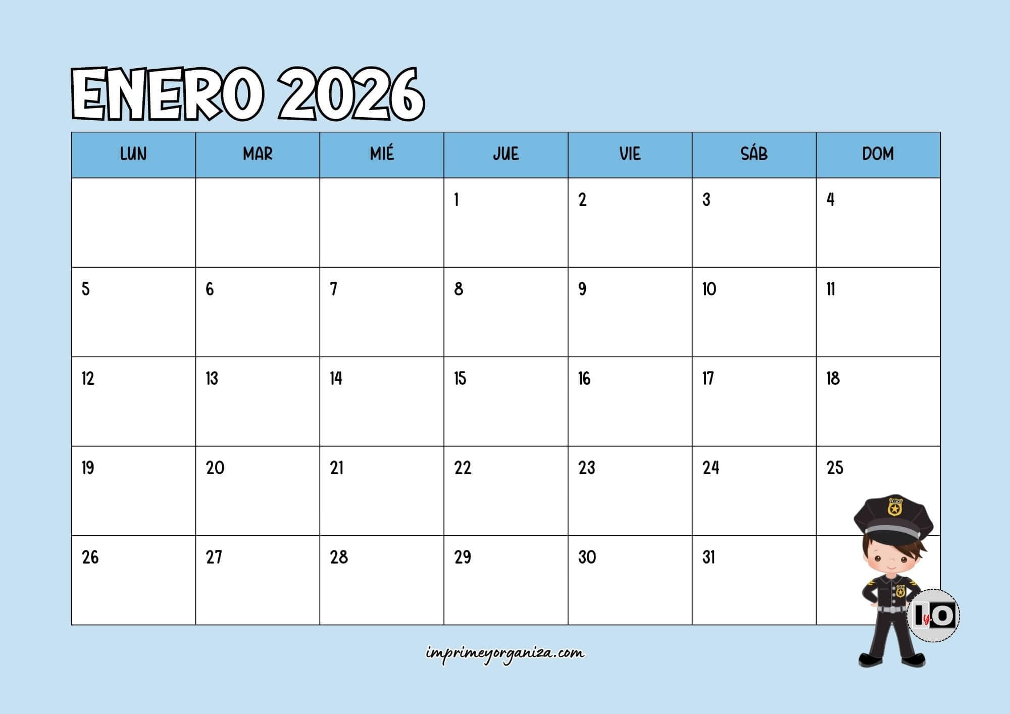 Calendario Mensual 2026 Policía