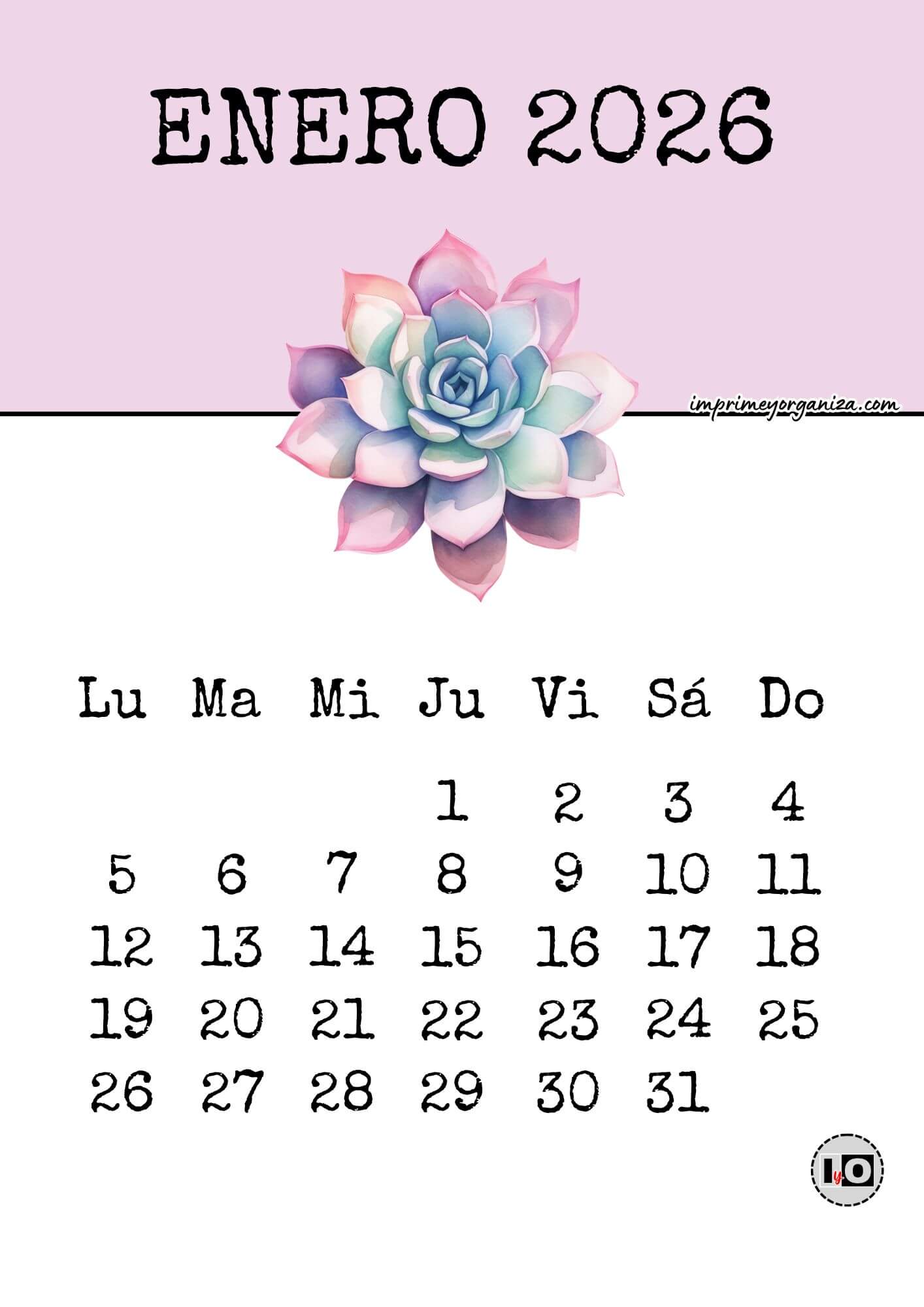 Calendario Mensual 2026 Suculentas