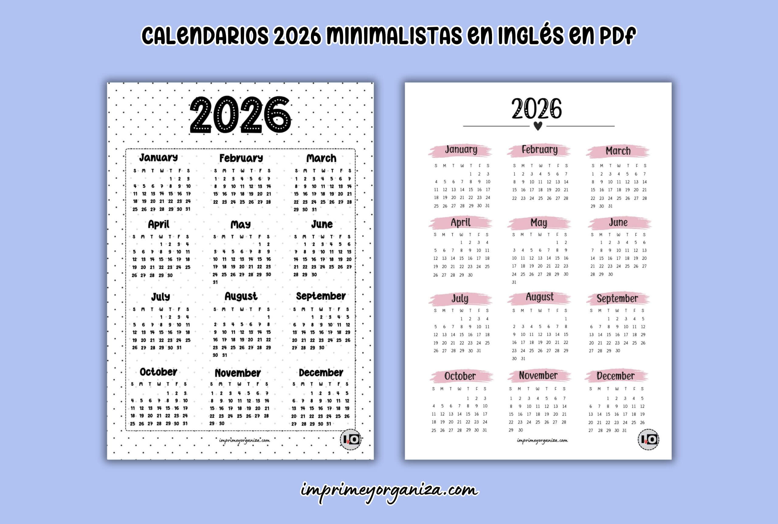 calendarios 2026 minimalistas en inglés en pdf
