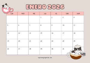 Calendario Mensual 2026 Gatitos