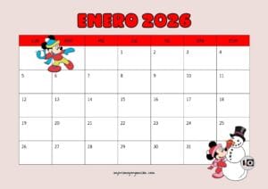Calendario Mensual 2026 Mickey y Minnie