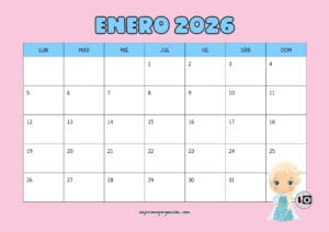 Calendario Mensual 2026 Princesas