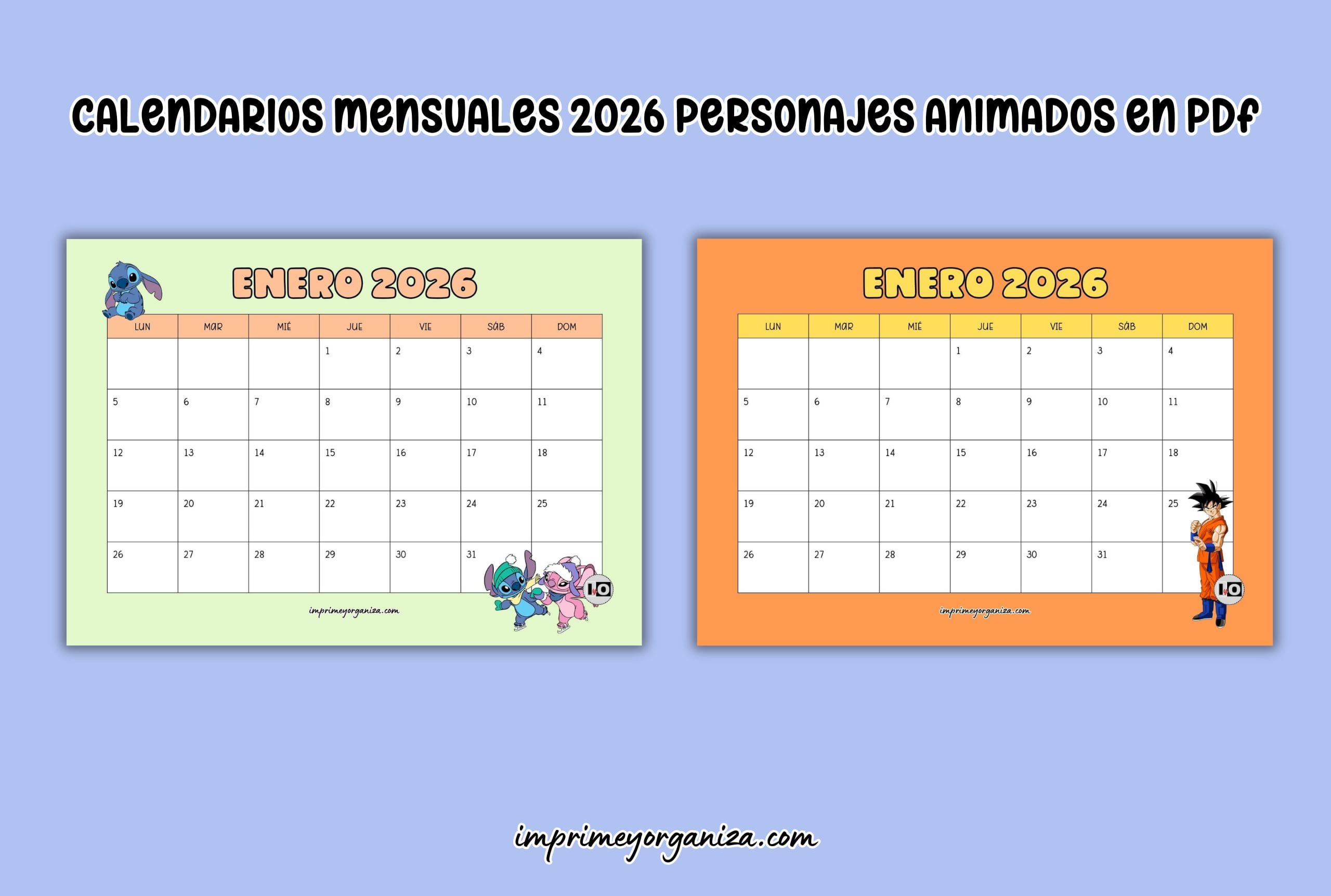 calendarios mensuales 2026 personajes animados en pdf gratis