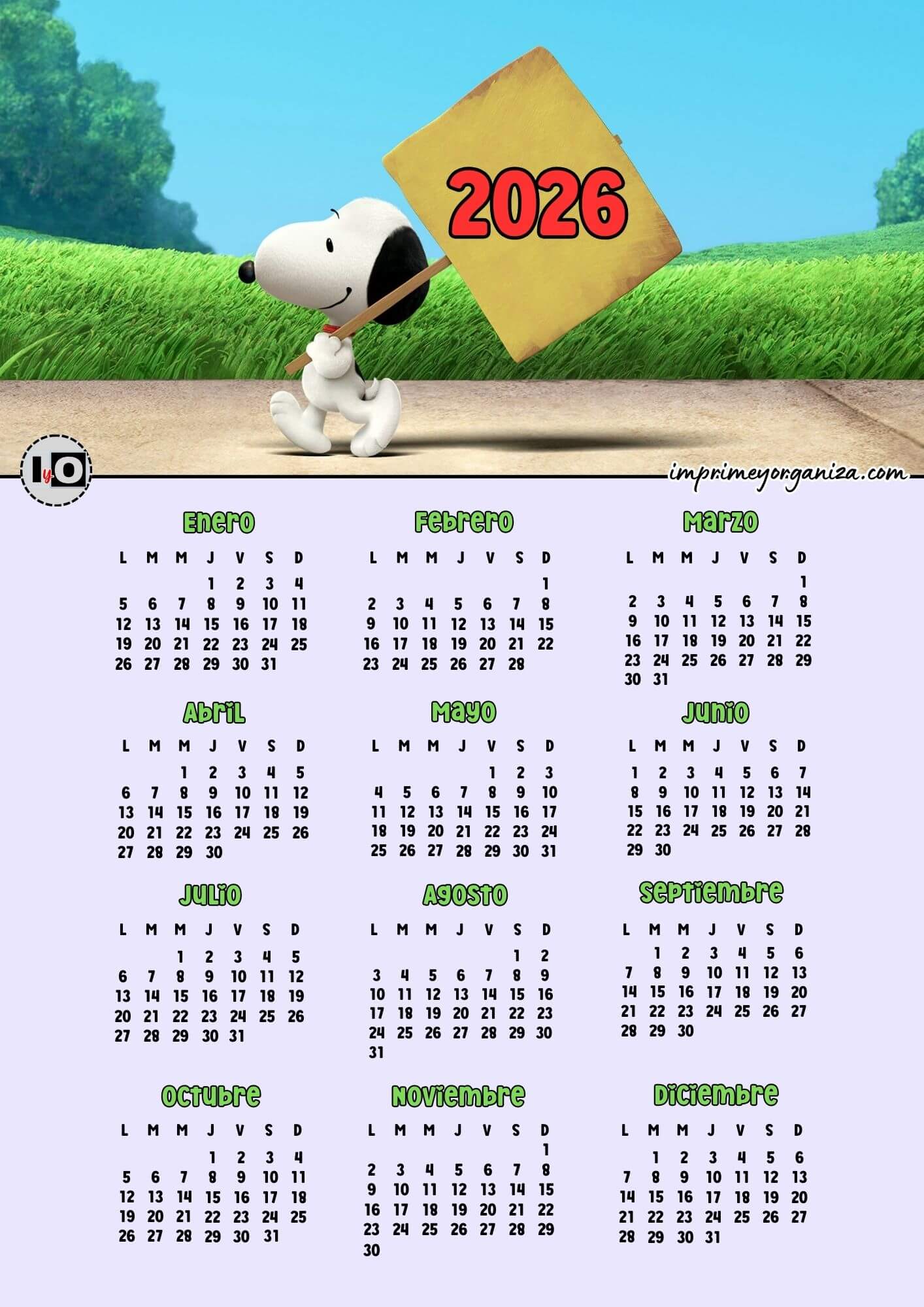 Calendario 2026 Snoopy Cartel